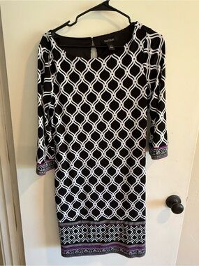 Black & White Geometric Sheath Dress with Purple Accents